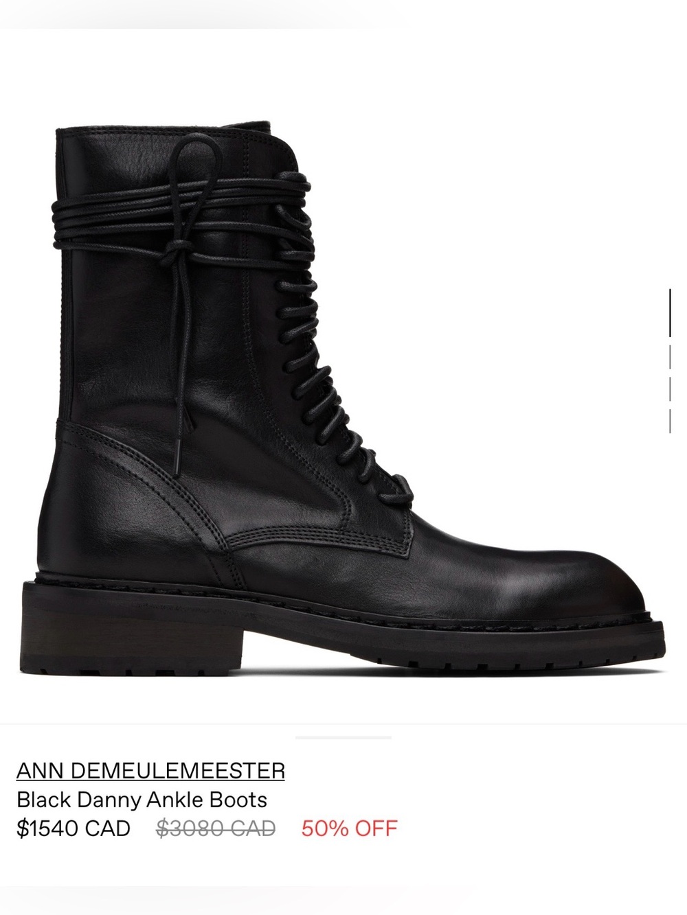 Ann Demeulemeester Black Danny Leather Combat Ankle Boots (39)